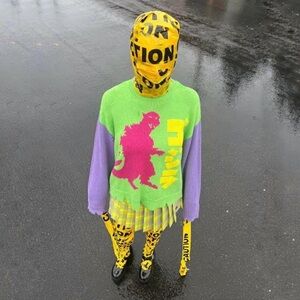 Teddy Fresh Godzilla Distressed Colorblock Sweater Intarsia Knit Pullover Small